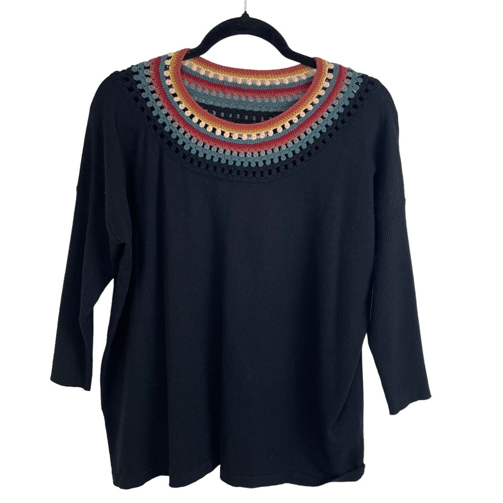 THML 3/4 Sleeve Crochet Knit Neckline Sweater Black Medium